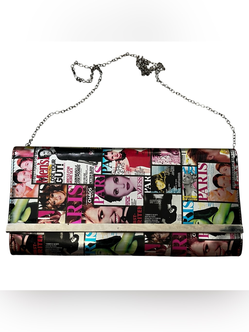 Magazine Cover Print Crossbody Bag With Silver Chain Strap Euc